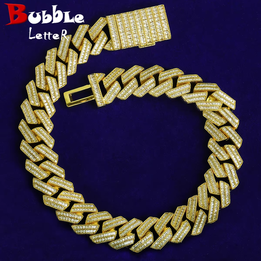 Bubble Letter 20mm Baguette Link Chain for Men Necklace Choker 5A Cubic Zirconia Gold Plated Hip Hop Jewelry