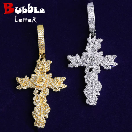 Bubble Letter Iced Out Rose Flower Cross Necklace Pendant for Women Real Gold Plated 5A Cubic Zirconia Hip Hop Jewelry