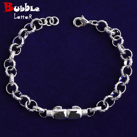 Bubble Letter Belcher Link Boxing Gloves Bracelet for Women Real Gold Plated Hip Hop Jewelry