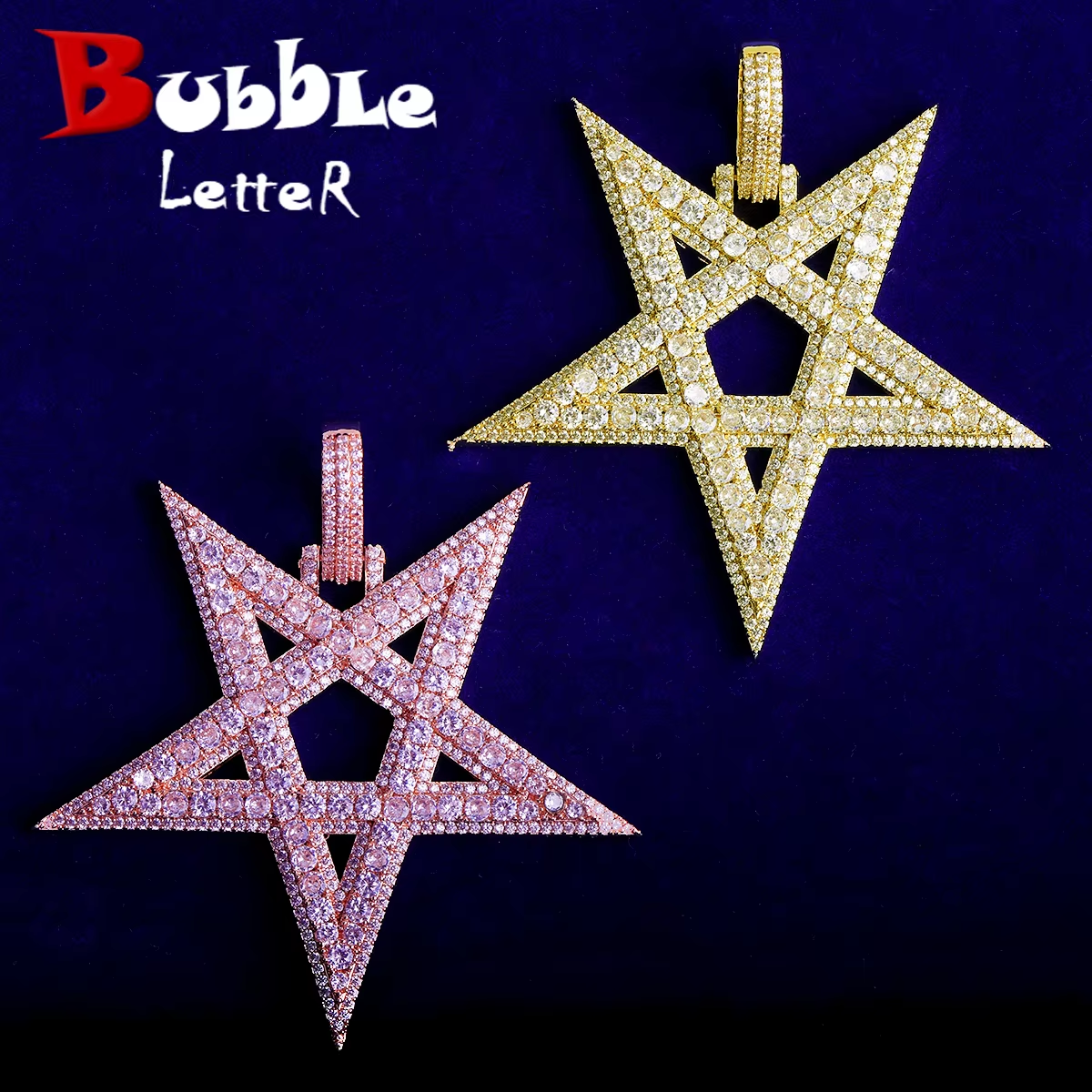 Bubble Letter Iced Out Big Star Necklace Pendant for Men 5A Cubic Zirconia Prong Setting Hip Hop Jewelry