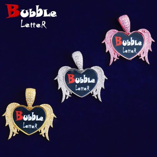 Bubble Letter Iced Out Heart Custom Photo Necklace Pendant for Women Real Gold Plated 5A Cubic Zirconia Hip Hop Jewelry