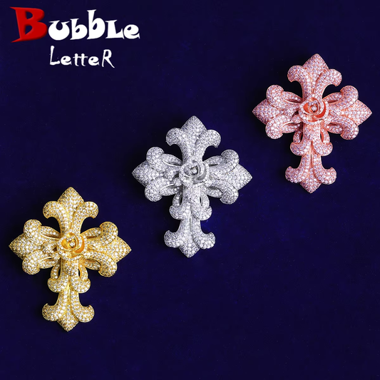 Bubble Letter Iced Out Rose Flower Cross Necklace Pendant for Men Prong Setting 5A Cubic Zirconia Hip Hop Jewelry
