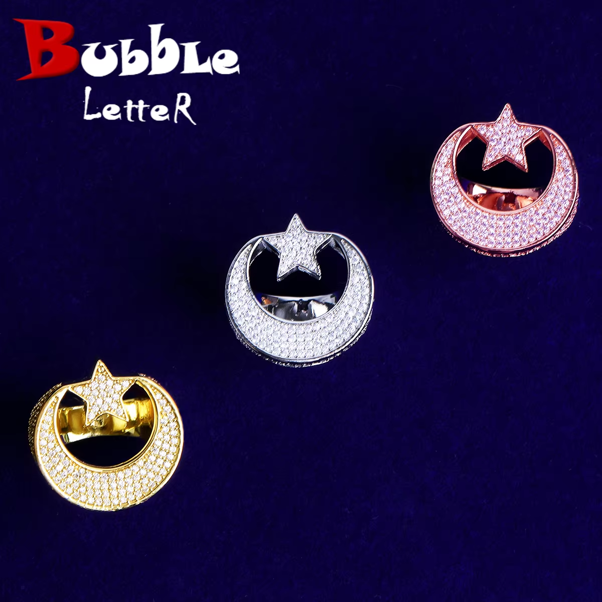 Bubble Letter Iced Out Moon Star Ring for Men 5A Cubic Zirconia Hip Hop Jewelry