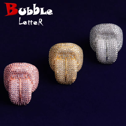 Bubble Letter Iced Out Tongue Ring for Men Real Gold Plated Cubic Zirconia Hip Hop Jewelry