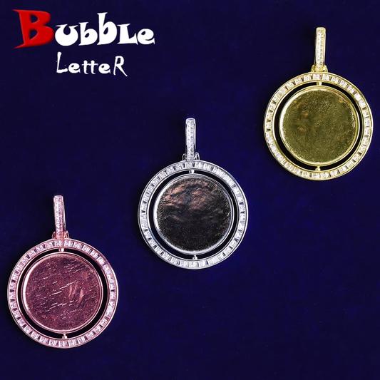 Bubble Letter Baguette Rotating Customized Photo Necklace Pendant for Men Real Gold Plated 5A Cubic Zirconia Hip Hop Jewelry