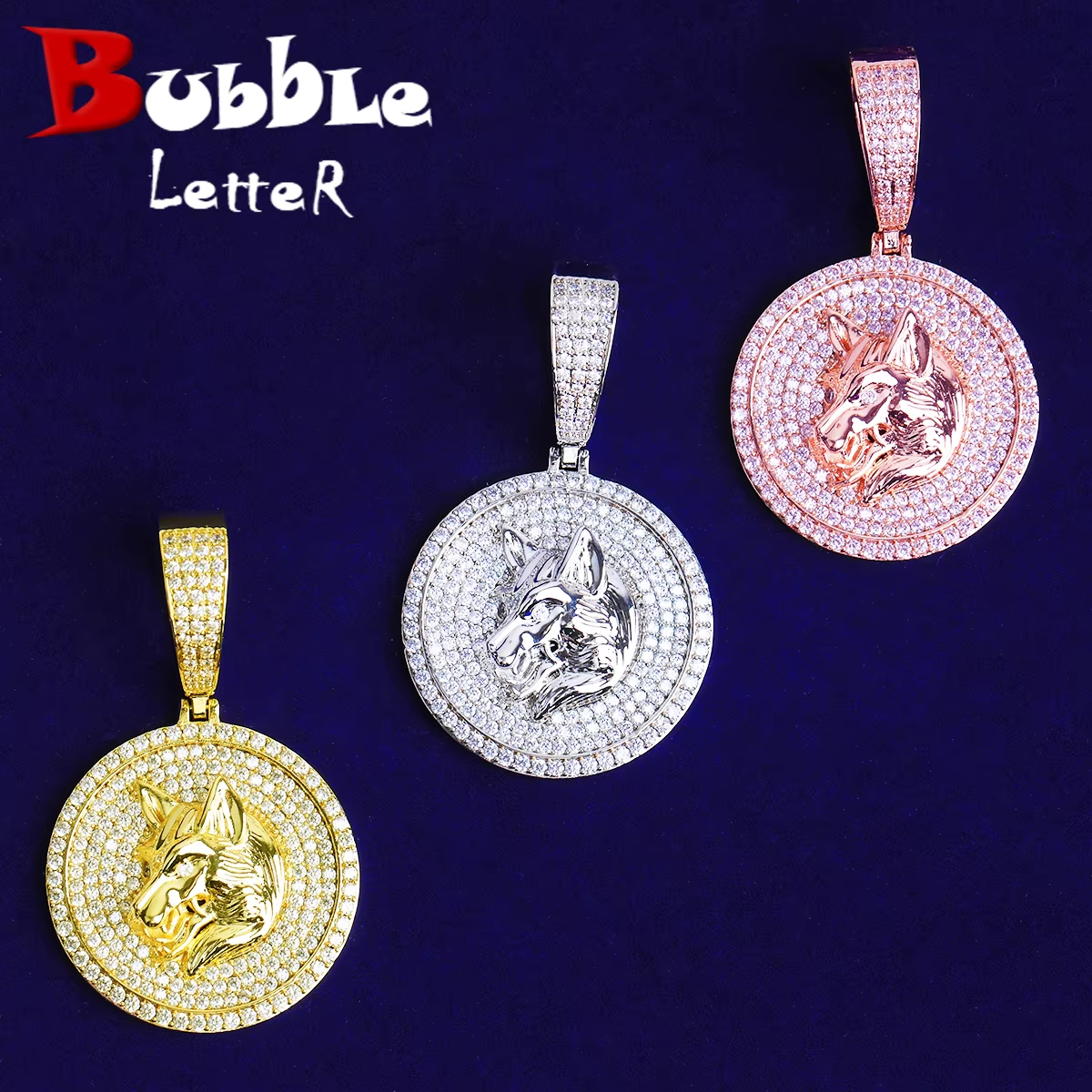 Bubble Letter Iced Out Wolf Disc Necklace Pendant for Men Real Gold Plated 5A Cubic Zirconia Hip Hop Jewelry