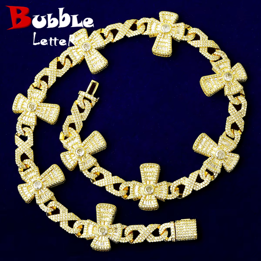 Bubble Letter Iced Out Cross Infinity Link Chain for Men 5A Cubic Zirconia Gold Plated Hip Hop Jewelry