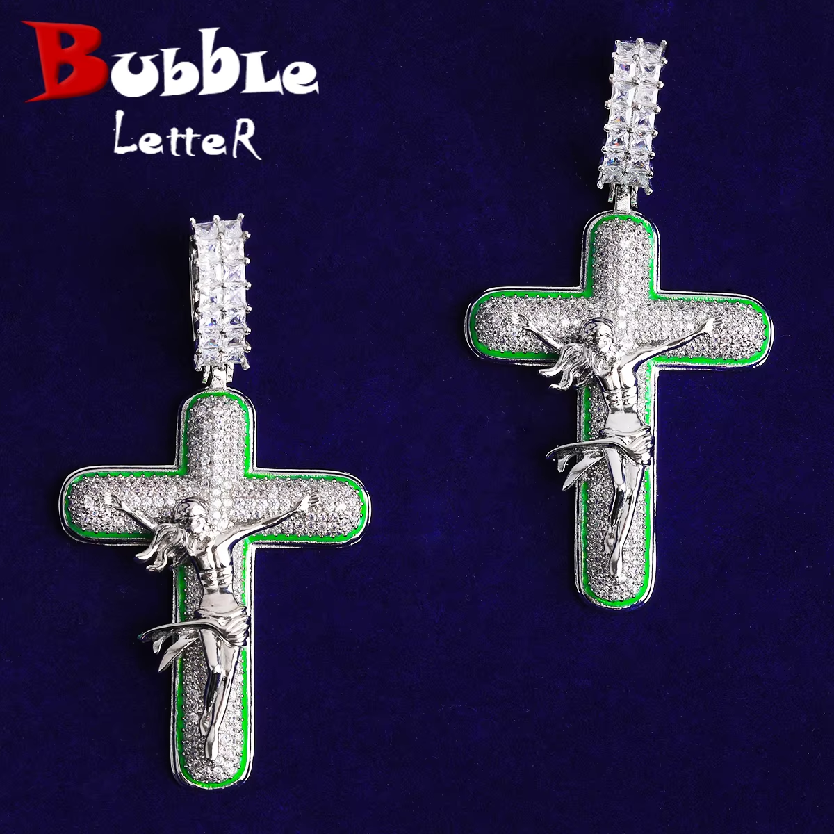 Bubble Letter Iced Out Green Cross Jesus Necklace Pendant for Men 5A Cubic Zirconia Gold Plated Hip Hop Jewelry