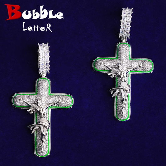 Bubble Letter Iced Out Green Cross Jesus Necklace Pendant for Men 5A Cubic Zirconia Gold Plated Hip Hop Jewelry