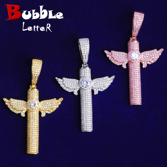 Bubble Letter Iced Out Wing Cross Necklace Pendant for Men Prong Setting 5A Cubic Zirconia Hip Hop Jewelry