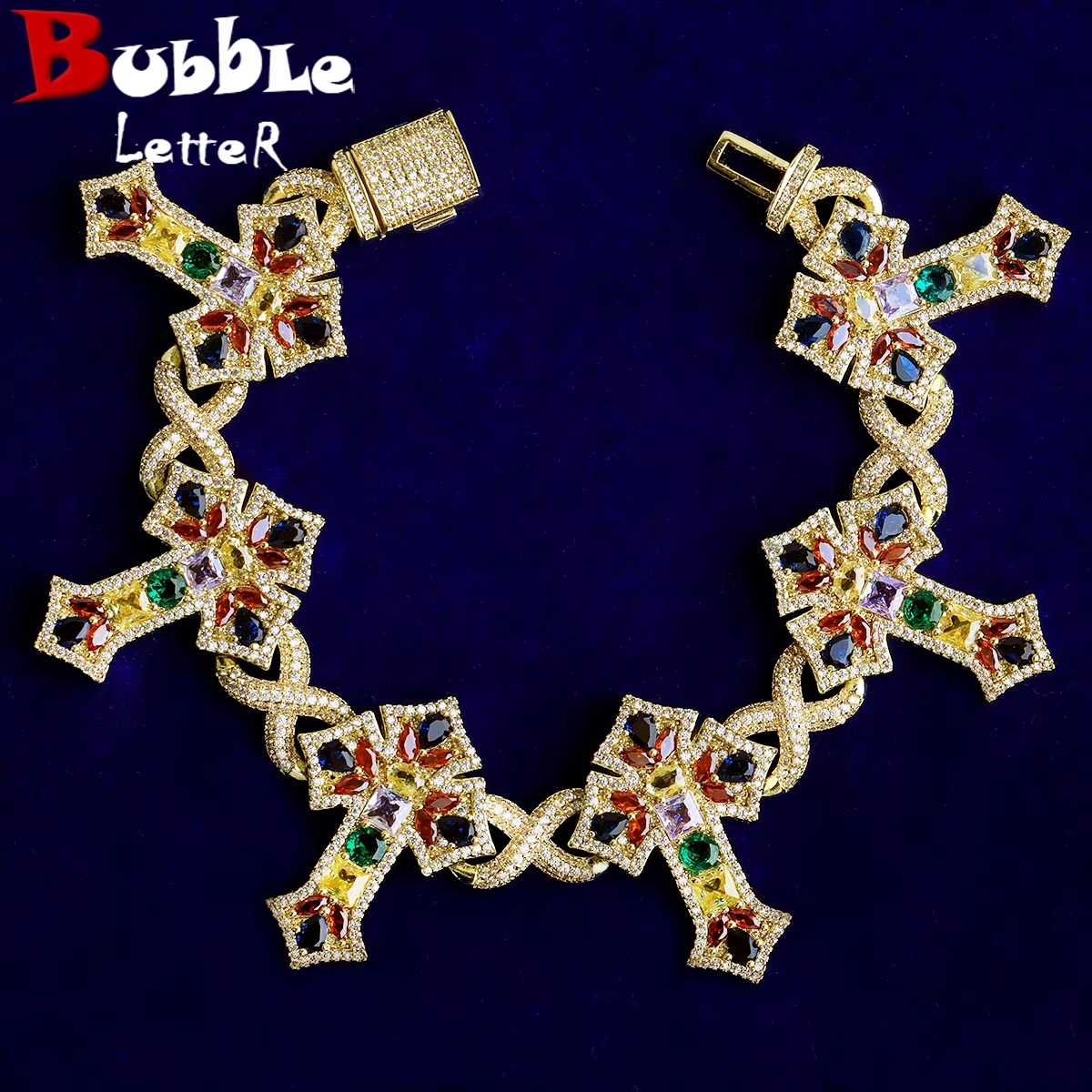 Bubble Letter Iced Out Colorful Cross Link Bracelet for Men 5A Cubic Zirconia Prong Setting Hip Hop Jewelry
