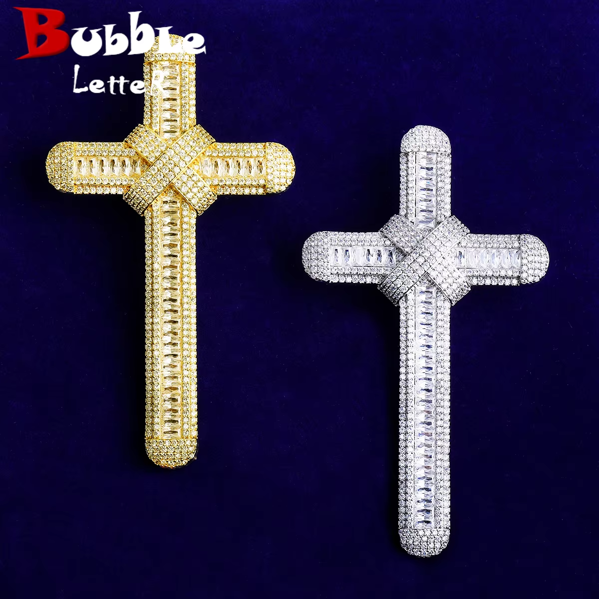 Bubble Letter Iced Out Super Cross Necklace Pendant for Men 5A Cubic Zirconia Gold Plated Hip Hop Jewelry