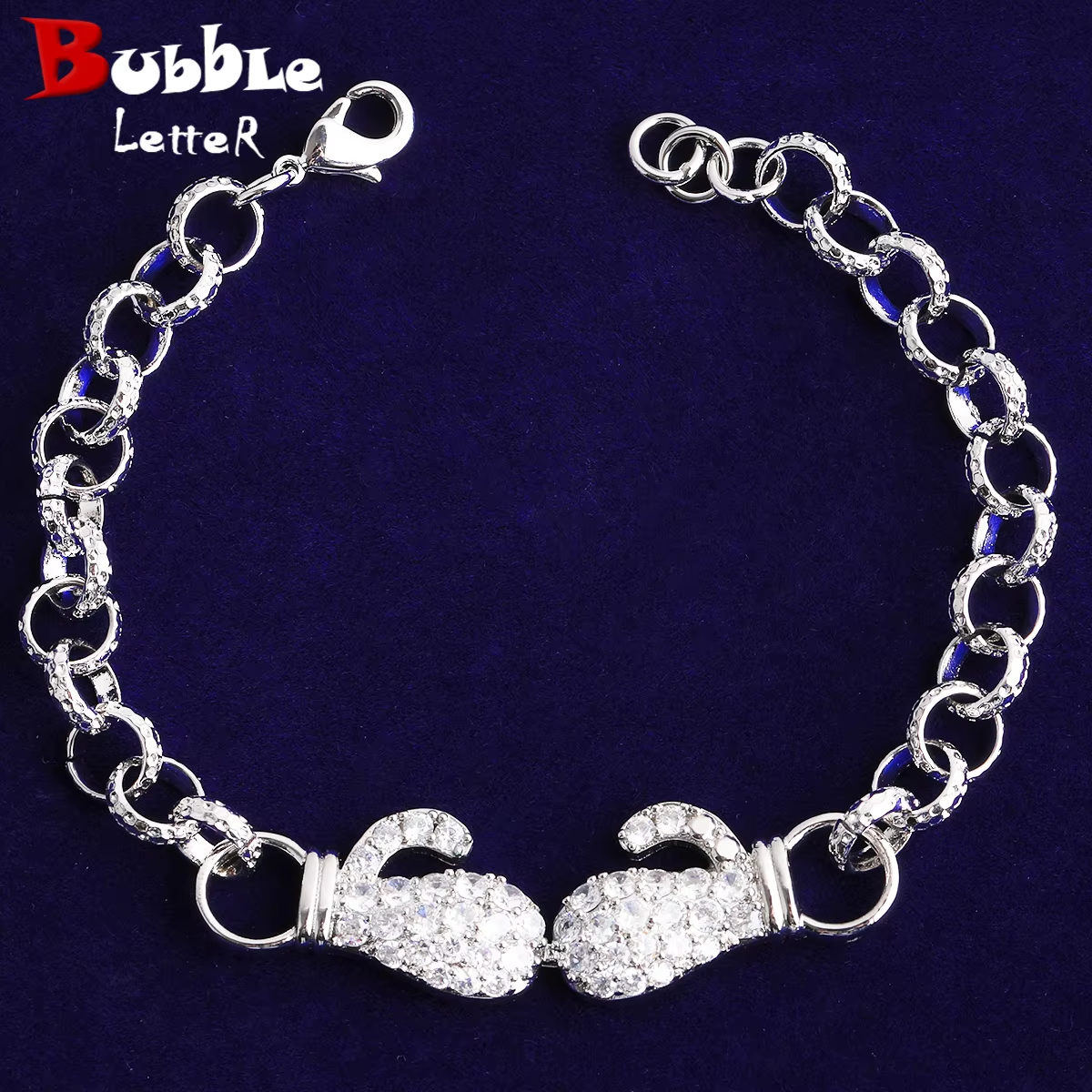 Bubble Letter Belcher Link Ice Boxing Gloves Bracelet for Women Real Gold Plated Hip Hop Jewelry