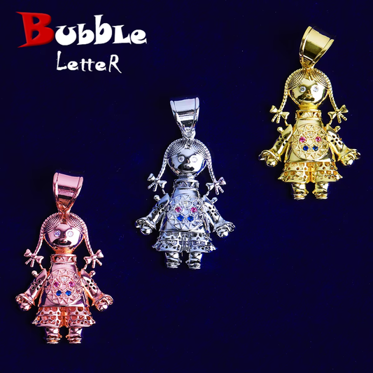Bubble Letter Iced Out Rag Doll Necklace Pendant for Men Prong Setting 5A Cubic Zirconia Hip Hop Jewelry