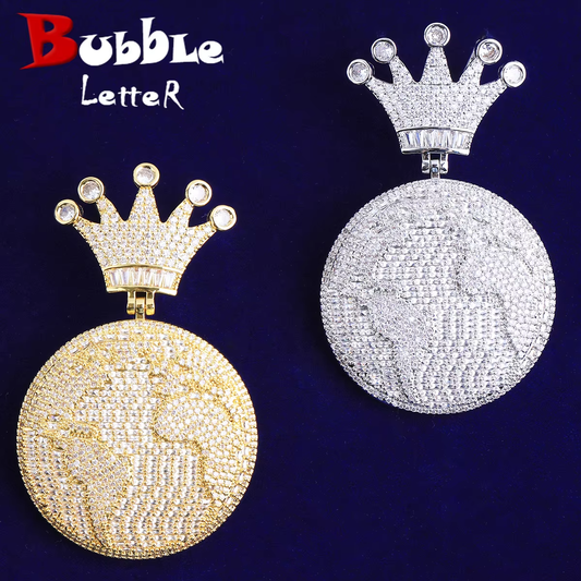 Bubble Letter Iced Out Globe World Crown Bail Necklace Pendant for Men Real Gold Plated 5A Grade Hip Hop Jewelry