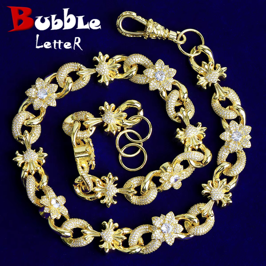 Bubble Letter Iced Out Cross Flower Link Chain for Men Real Copper Gold Plated Hip Hop Jewelry