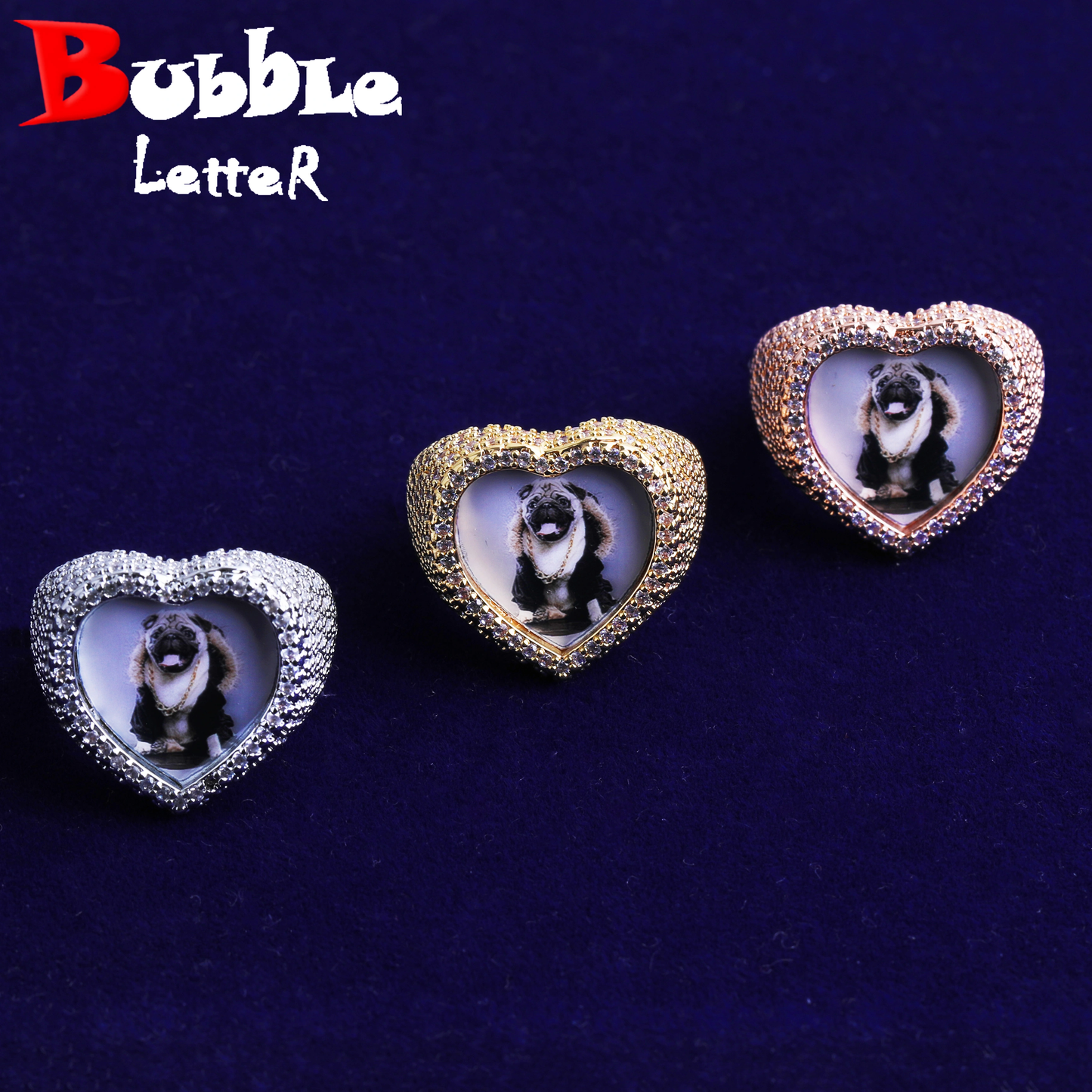 Bubble Letter Iced Out Custom Photo Heart Ring for Women Personalized Picture Cubic Zirconia Hip Hop Jewelry