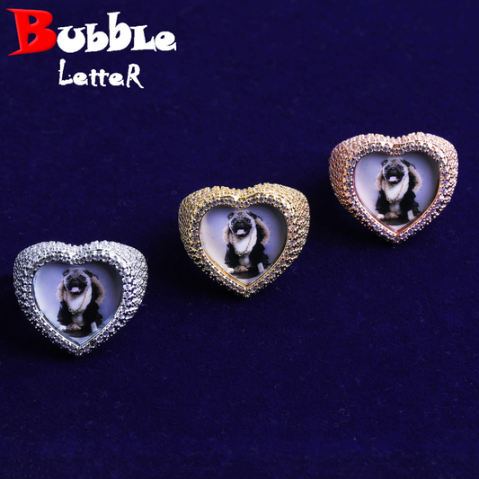 Bubble Letter Iced Out Custom Photo Heart Ring for Women Personalized Picture Cubic Zirconia Hip Hop Jewelry