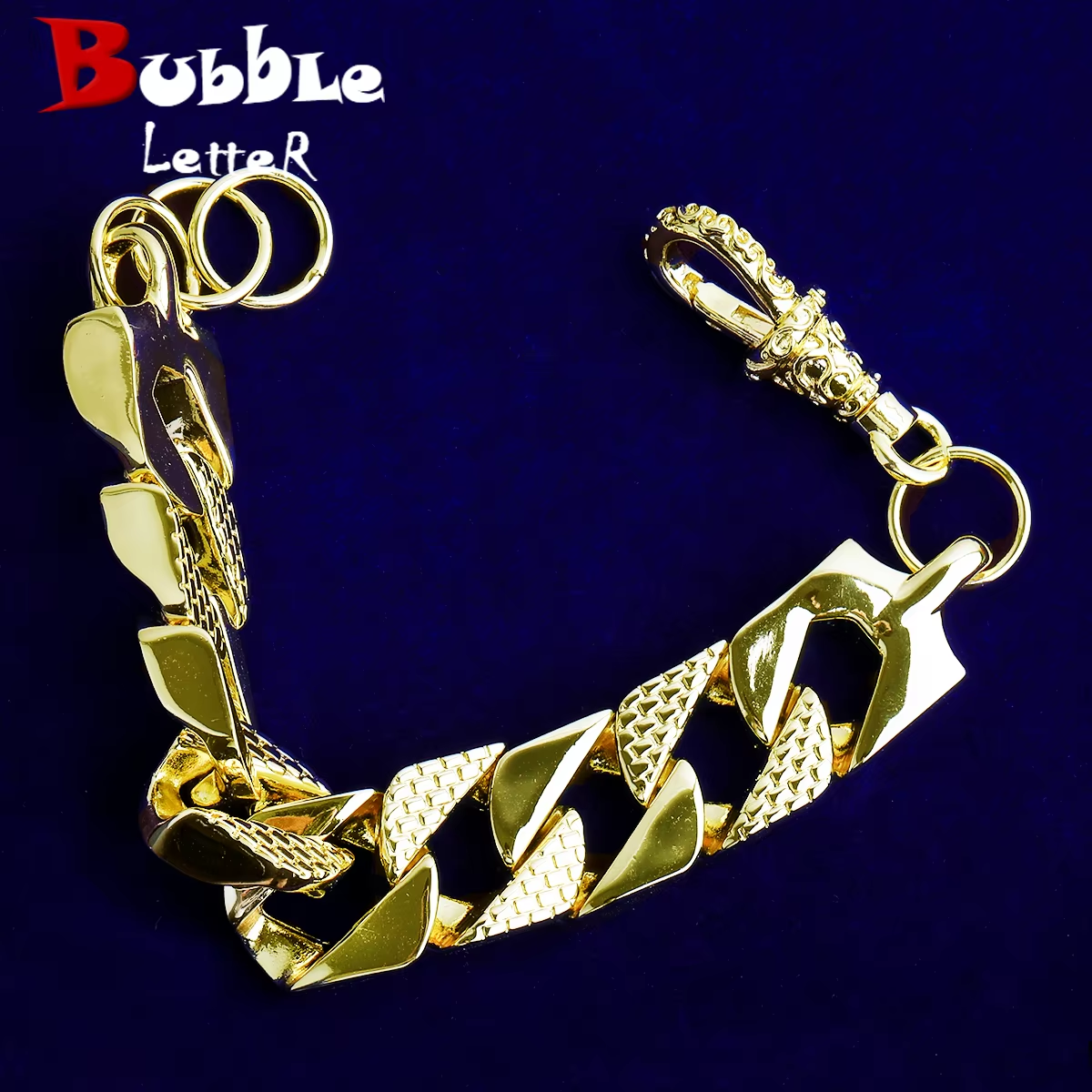 Bubble Letter Semi Patterned Cuban Link Bracelet for Men Copper Gold Plated Hip Hop Jewelry Albert Clasp