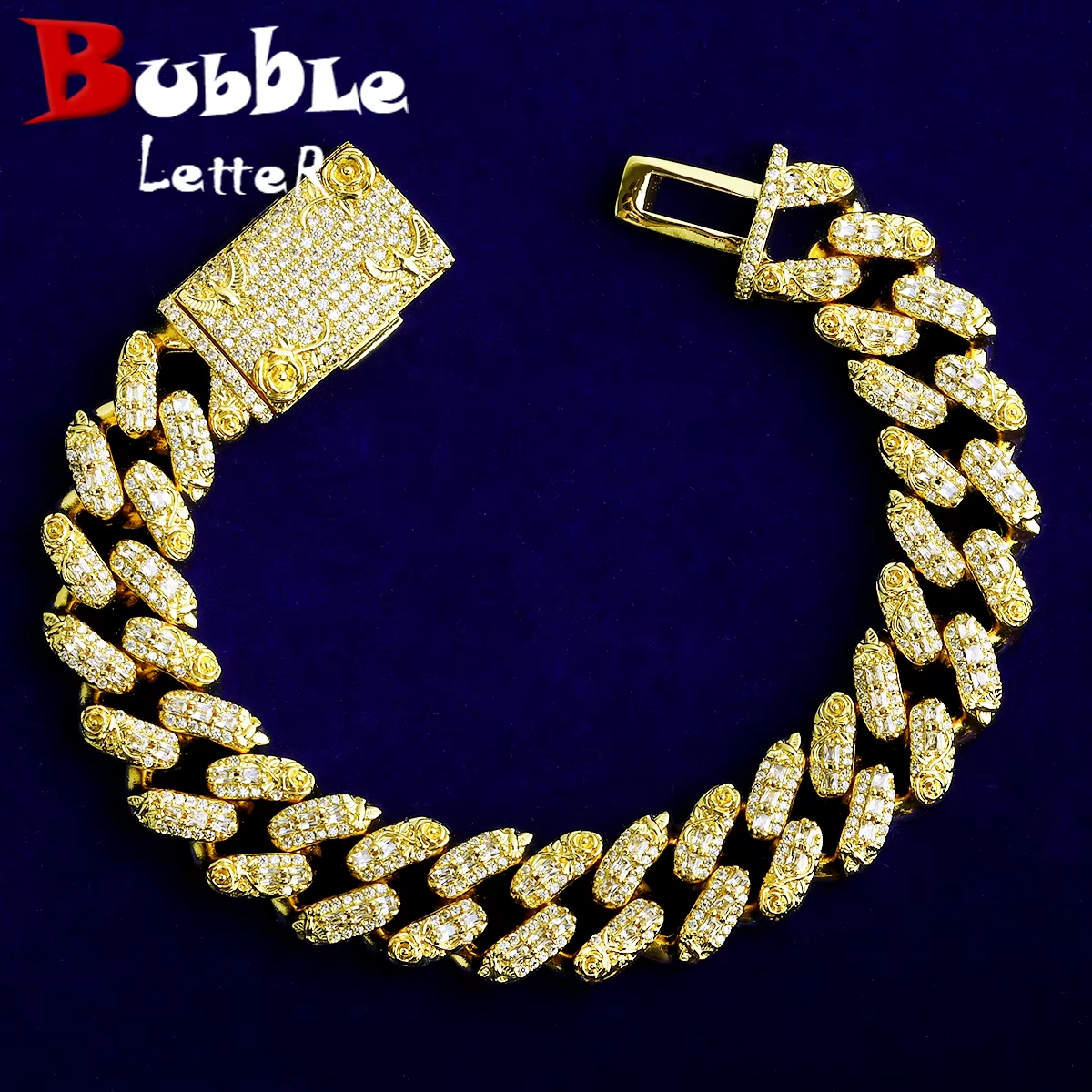 Bubble Letter Iced Out Flora Dove Cuban Link Bracelet for Men 5A Real Copper Gold Plated Hip Hop Jewelry