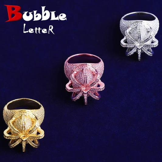 Bubble Letter Iced Out Crown Ring for Men Real Gold Plated 5A Cubic Zirconia Hip Hop Jewelry