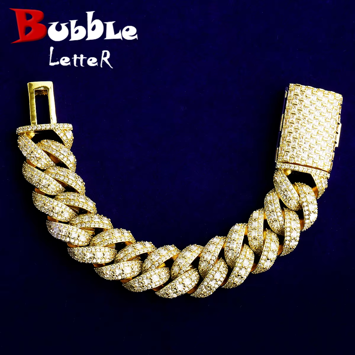 Bubble Letter Iced Out Cuban Link Bracelet for Men 5A Cubic Zirconia Gold Plated Hip Hop Jewelry Baguette Clasp