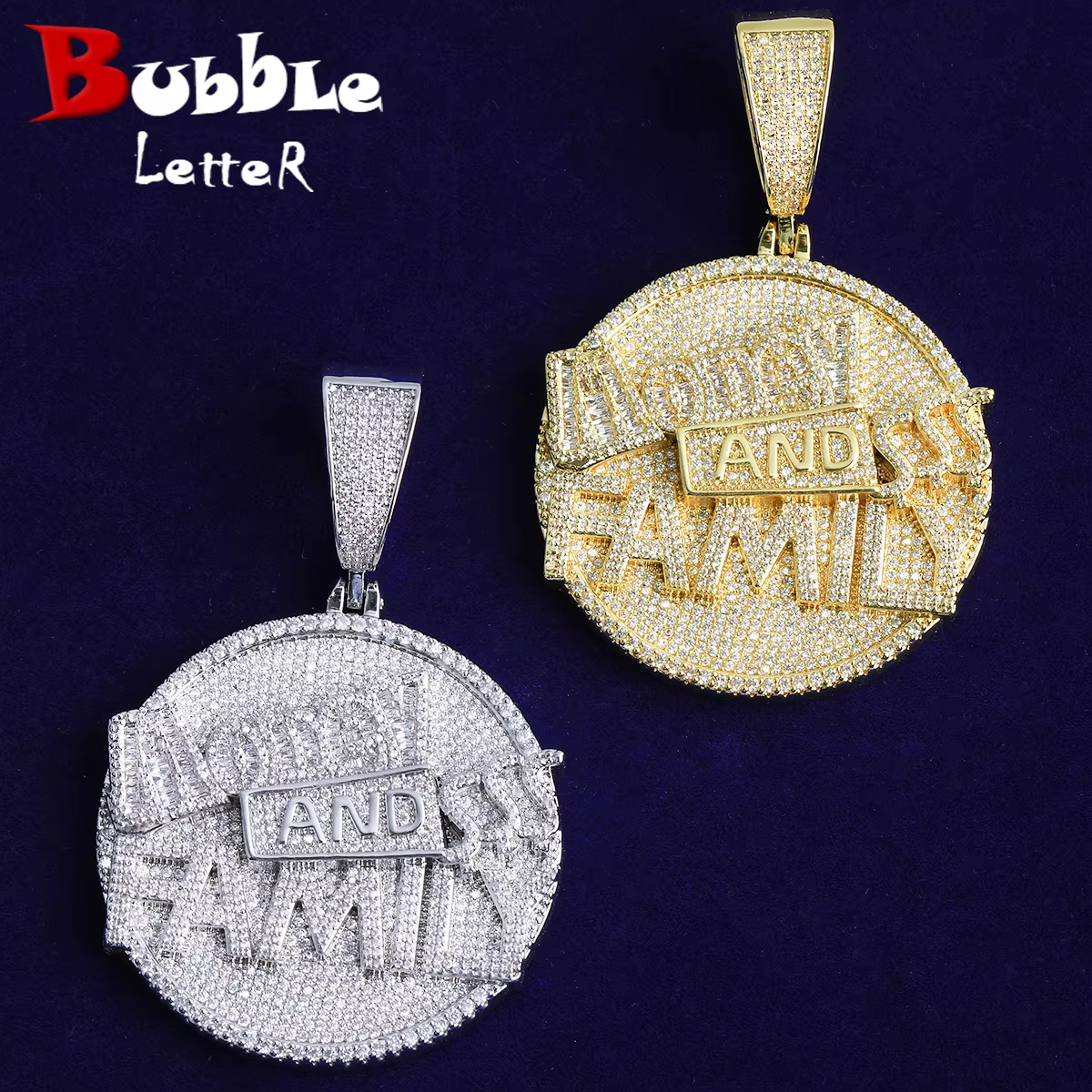 Bubble Letter Iced Out Money and Family Necklace Pendant for Men Real Gold Plated 5A Cubic Zirconia Hip Hop Jewelry