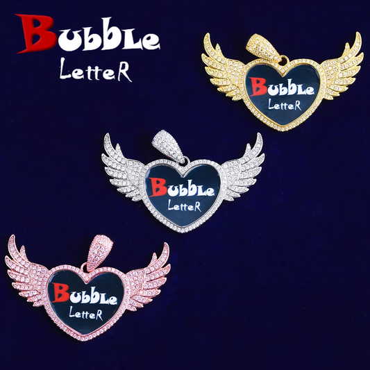 Bubble Letter Iced Out Wing Heart Solid back Custom Photo Necklace Pendant for Men Real Gold Plated 5A Grade Hip Hop Jewelry