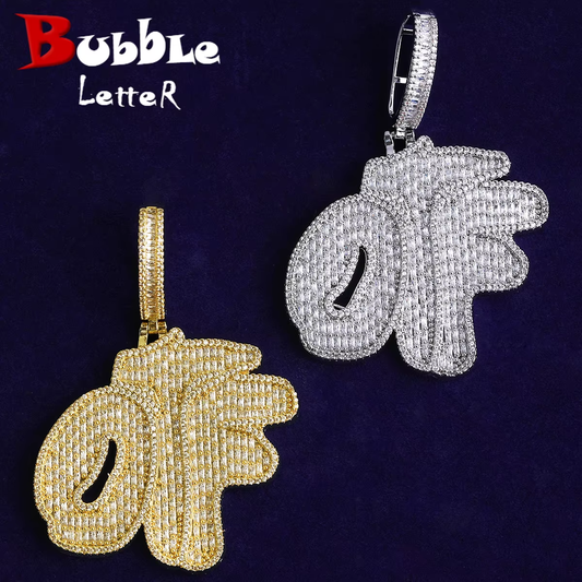 Bubble Letter Iced Out OTF Necklace Pendant for Men 5A Cubic Zirconia Prong Setting Real Gold Plated Hip Hop Jewelry
