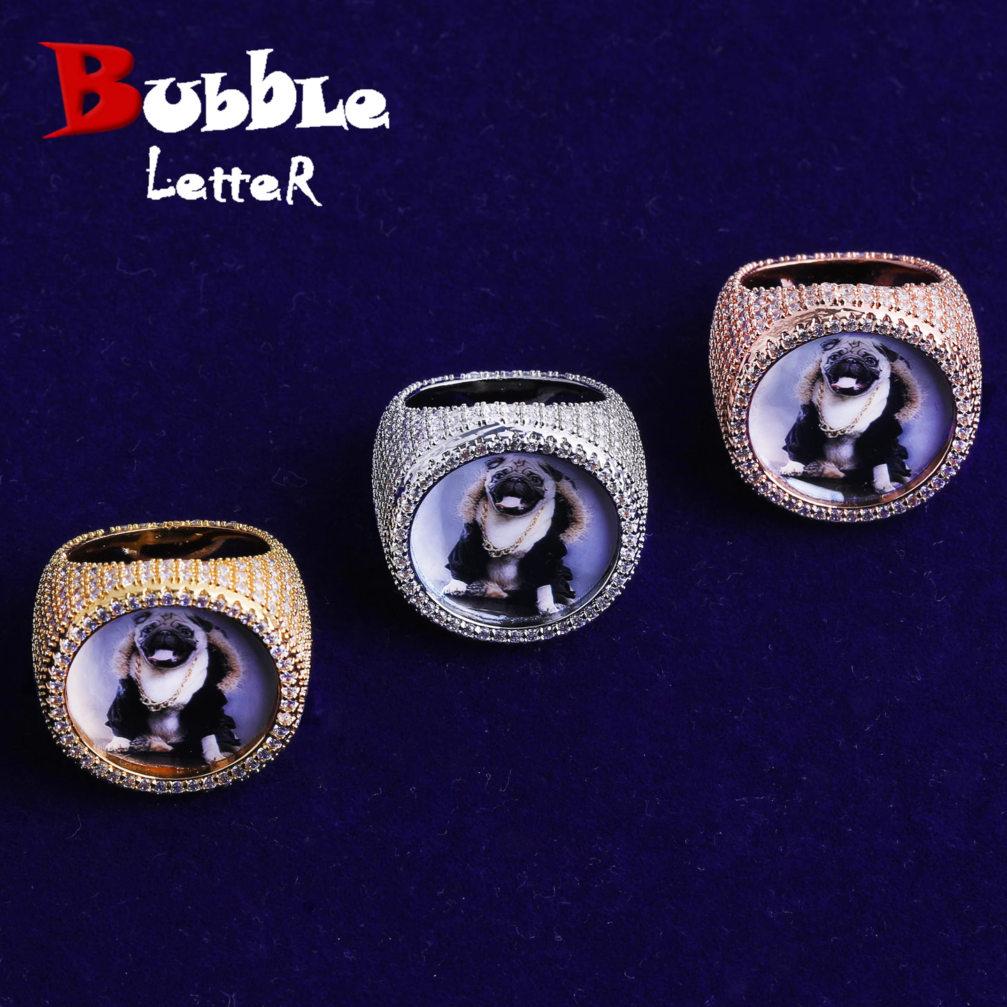 Bubble Letter Iced Out Custom Photo Round Circle Ring for Men Personalized Picture Cubic Zirconia Hip Hop Jewelry