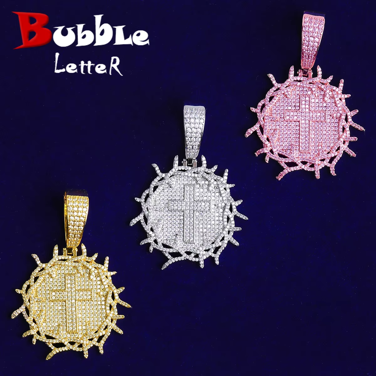 Bubble Letter Iced Out Barbered Wire Circle Cross Necklace Pendant for Men 5A Cubic Zirconia Gold Plated Hip Hop Jewelry
