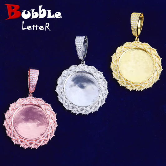 Bubble Letter Iced Out Wire Barbered Custom Photo Necklace Pendant for Men Real Gold Plated 5A Grade Hip Hop Jewelry