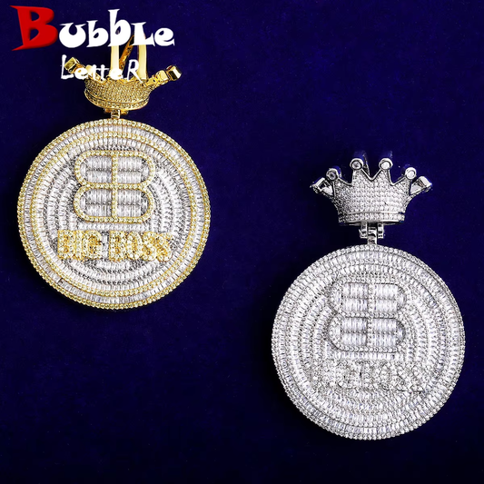 Bubble Letter Iced Out Big Boss Crown Bail Necklace Pendant for Men 5A Cubic Zirconia Gold Plated Hip Hop Jewelry