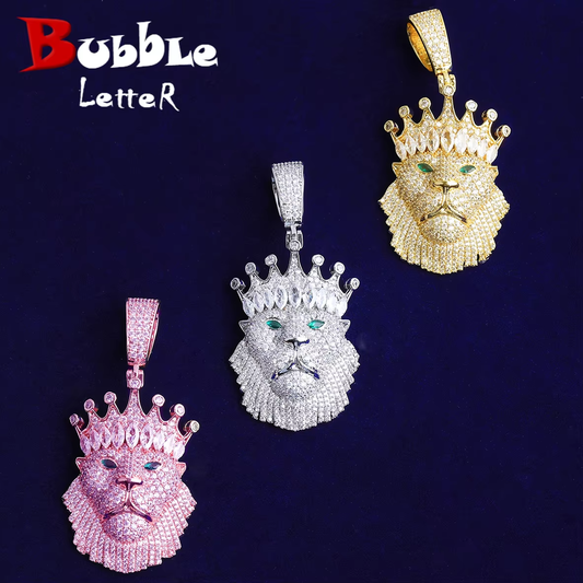 Bubble Letter Iced Out Crown Lion Green Eye Necklace Pendant for Men Real Gold Plated 5A Cubic Zirconia Hip Hop Jewelry