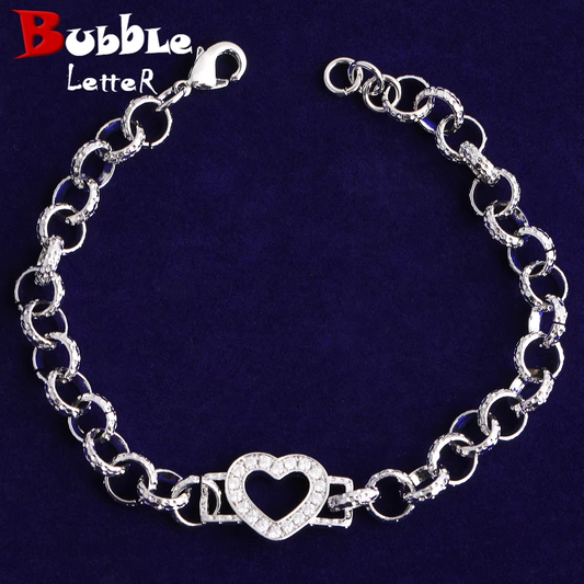 Bubble Letter Iced Out Ring Link Bracelet Heart for Women Real Gold Plated 5A Grade Hip Hop Jewelry