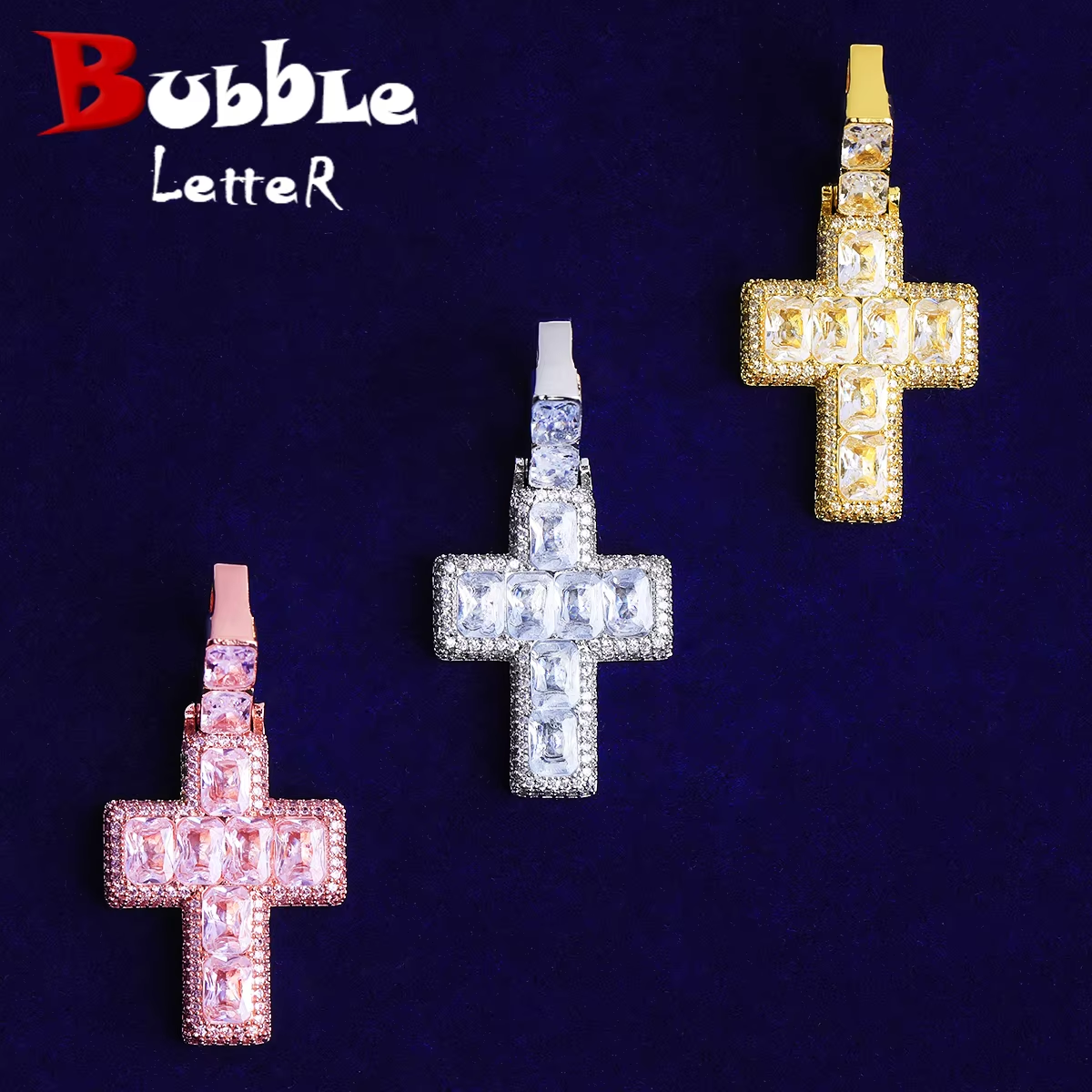 Bubble Letter Iced Out Baguette Cross Necklace Pendant for Men 5A Cubic Zirconia Gold Plated Hip Hop Jewelry