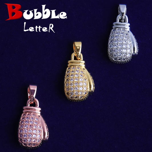 Bubble Letter Iced Out boxing Gloves for Men Necklace Pendant Real Gold Plated Cubic Zirconia Hip Hop Jewelry