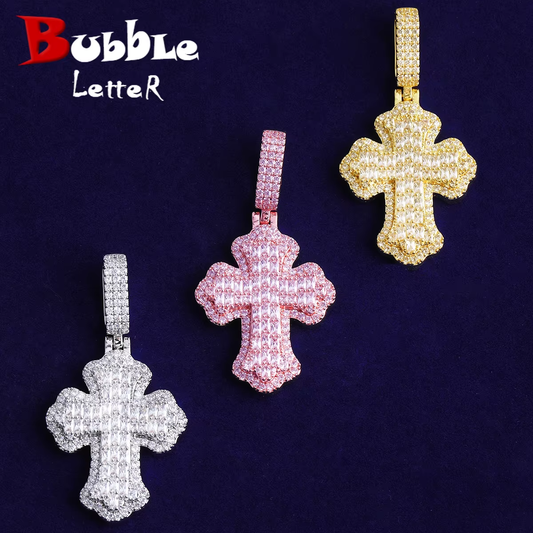 Bubble Letter Iced Out Baguette Cross Necklace Pendant for Women Real Gold Plated Hip Hop Jewelry
