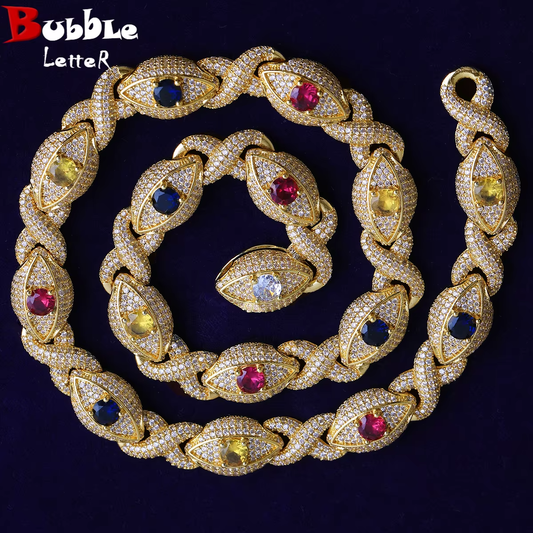 Bubble Letter Iced Out Colorful Eye Infinity Link Chain for Men Necklace Choker Real Gold Plated Cubic Zirconia Hip Hop Jewelry