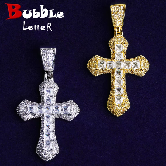 Bubble Letter Iced Out Small Baguette Cross Necklace Pendant for Men Real Gold Plated 5A Cubic Zirconia Hip Hop Jewelry