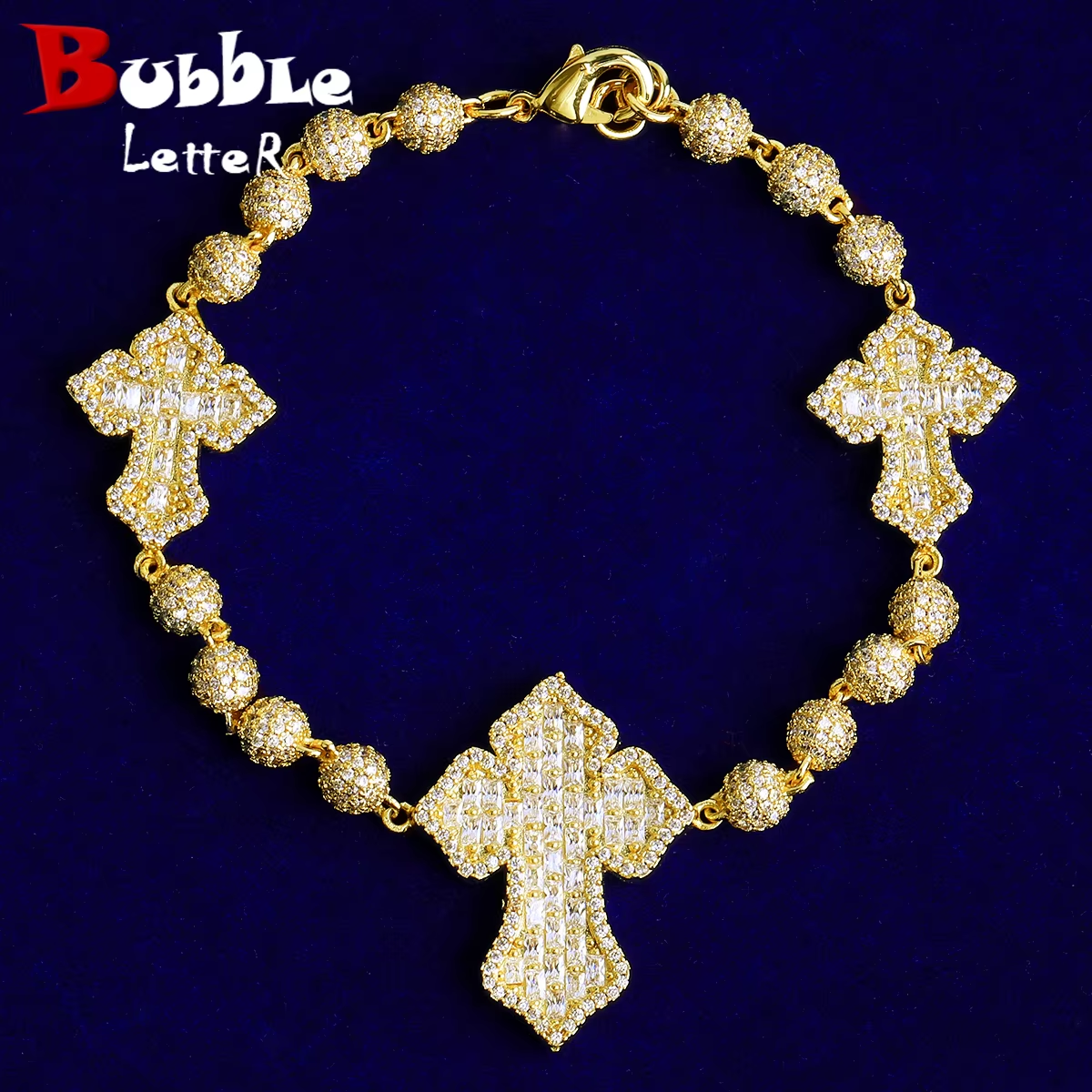 Bubble Letter Iced Out Beads Cross Bracelet for Men 5A Cubic Zirconia Hip Hop Jewelry