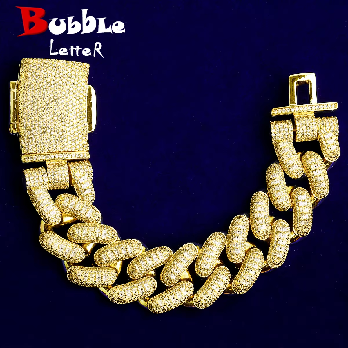 Bubble Letter 32mm Iced Out Thick Heavy Miami Baguette Bracelet for Men 5A Cubic Zirconia Gold Plated Hip Hop Jewelry
