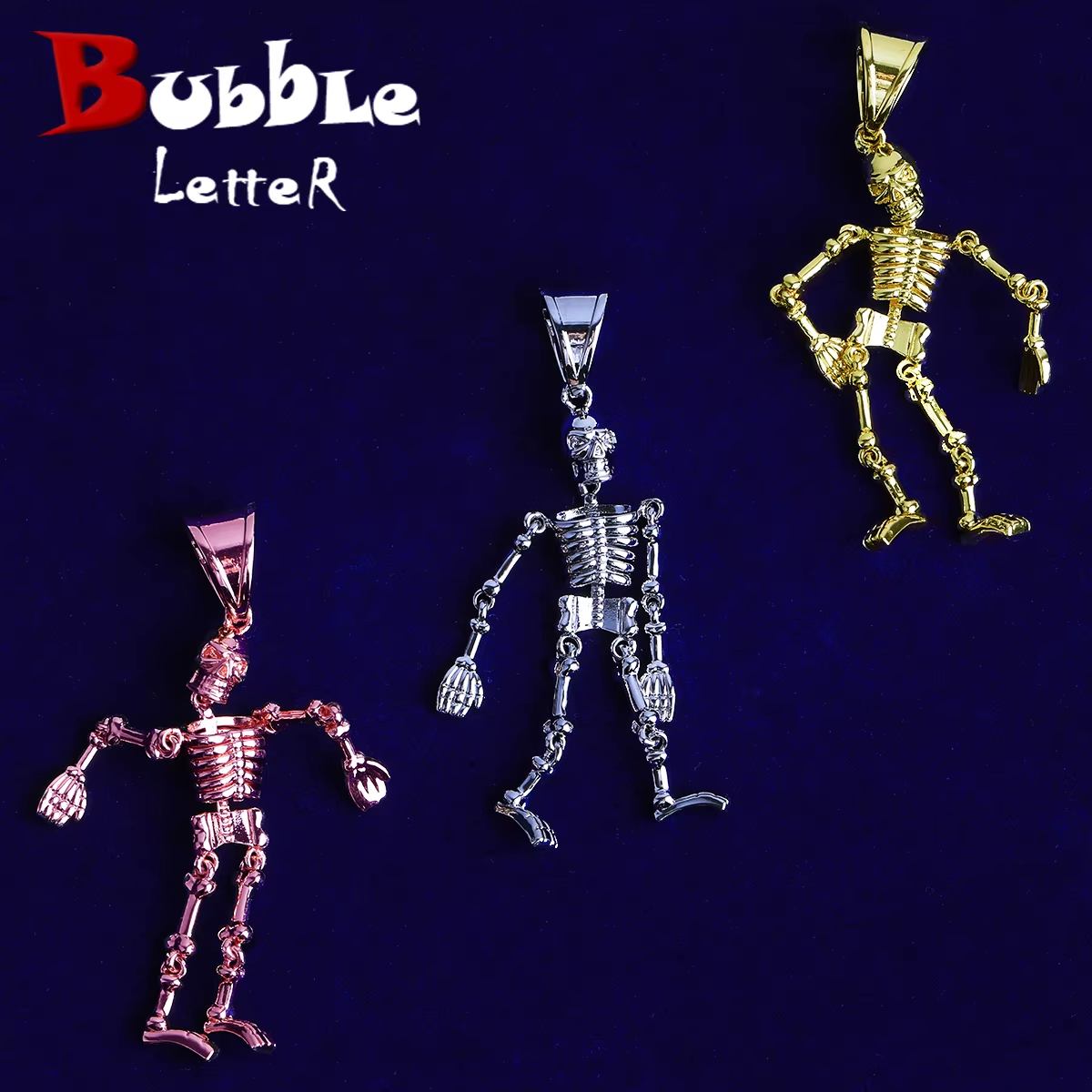 Bubble Letter Iced Out Skeleton Necklace Pendant for Men 5A Cubic Zirconia Gold Plated Hip Hop Jewelry