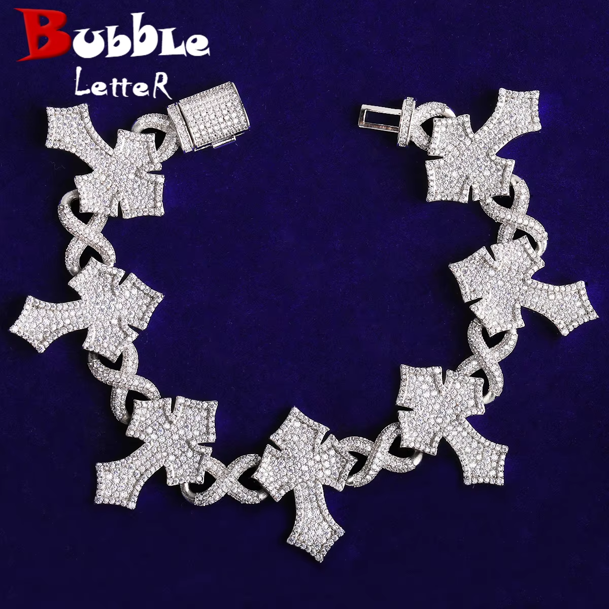 Bubble Letter Iced Out Cross Infinity Link Bracelet for Men 5A Cubic Zirconia Gold Plated Hip Hop Jewelry