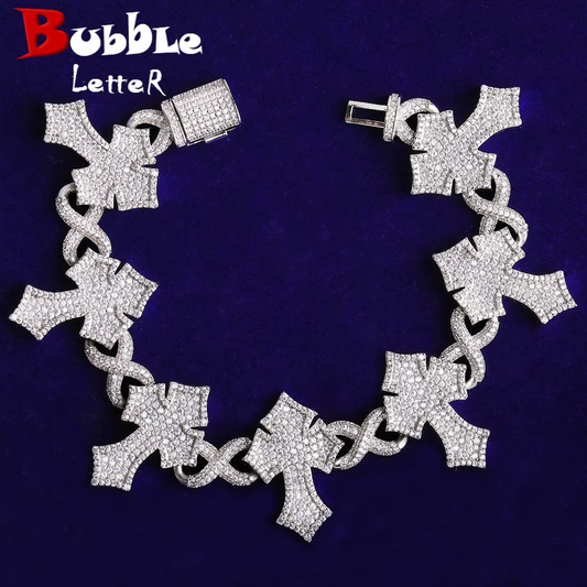 Bubble Letter Iced Out Cross Infinity Link Bracelet for Men 5A Cubic Zirconia Gold Plated Hip Hop Jewelry