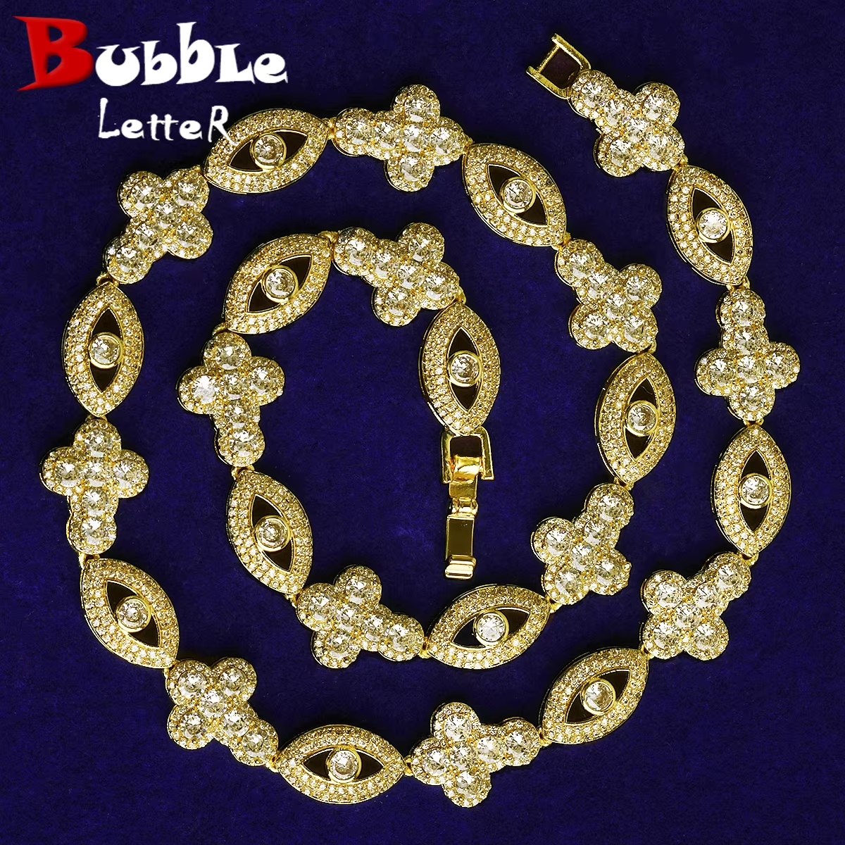 Bubble Letter Iced Out Eye Cross Link Chain for Men 5A Cubic Zirconia Gold Plated Hip Hop Jewelry