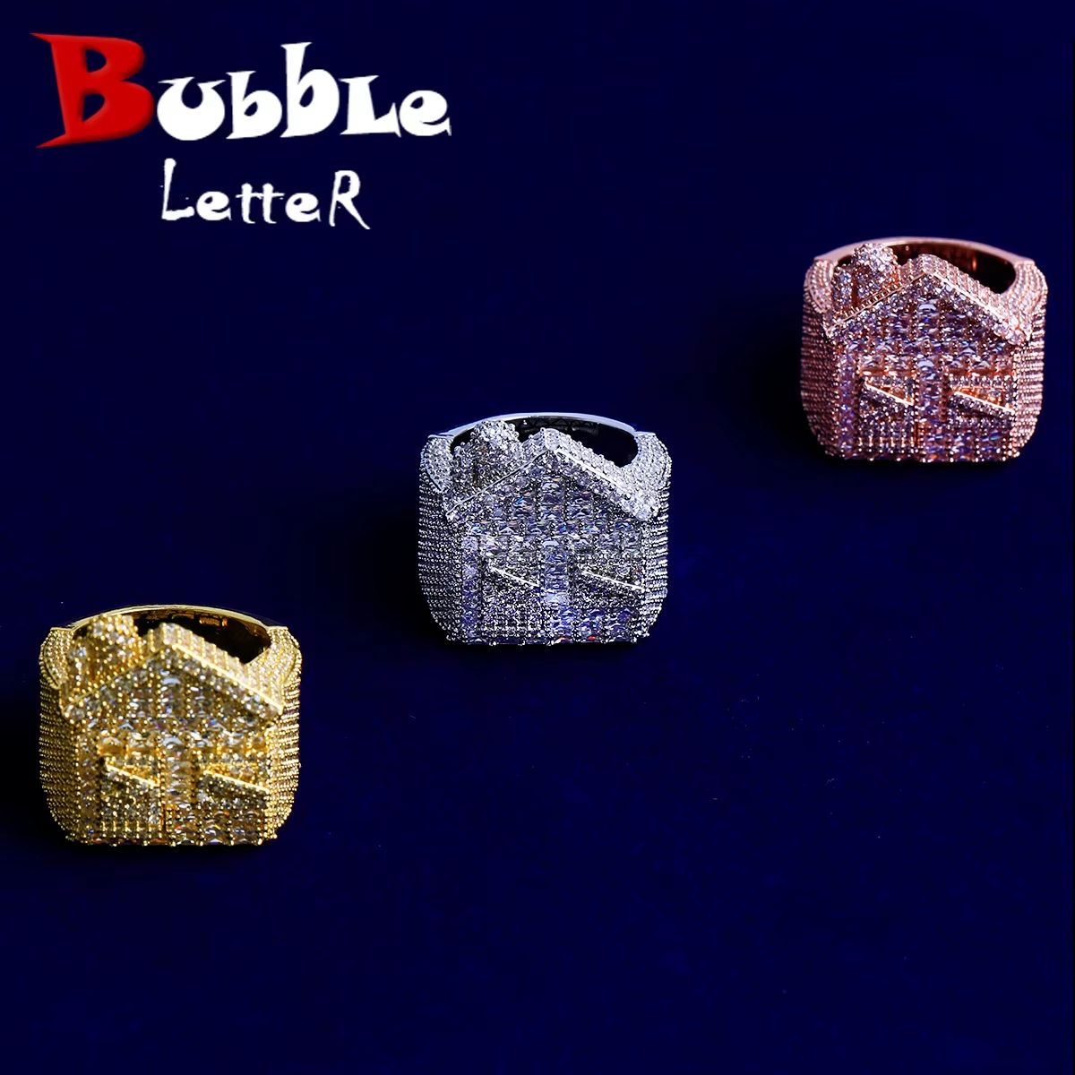 Bubble Letter Iced Out Ring for Men Real Copper Gold Plated 5A Cubic Zirconia Hip Hop Jewelry