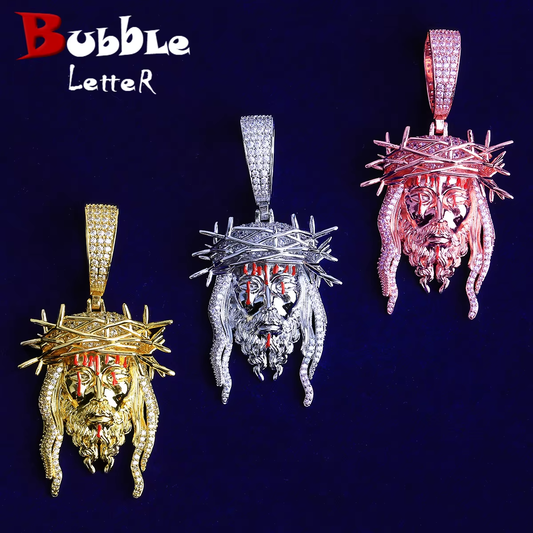 Bubble Letter Iced Out Smooth Barbered Wire Jesus Necklace Pendant for Men Prong Setting 5A Cubic Zirconia Hip Hop Jewelry
