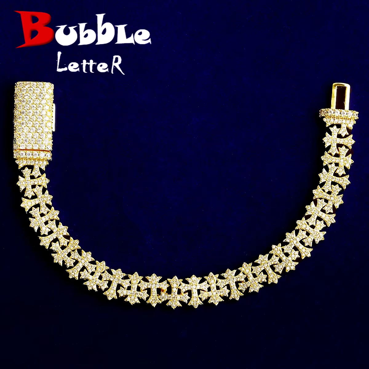 Bubble Letter Iced Out Cross Link Bracelet for Men 5A Cubic Zirconia Gold Plated Hip Hop Jewelry