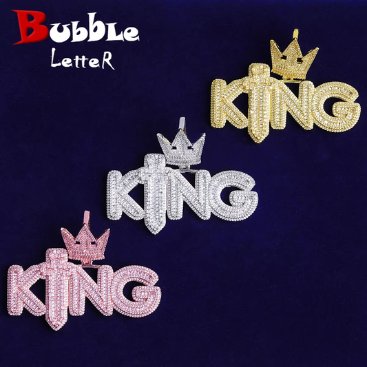 Bubble Letter Iced Out King Sword Crown Bail Necklace Pendant for Men Prong Setting 5A Cubic Zirconia Hip Hop Jewelry